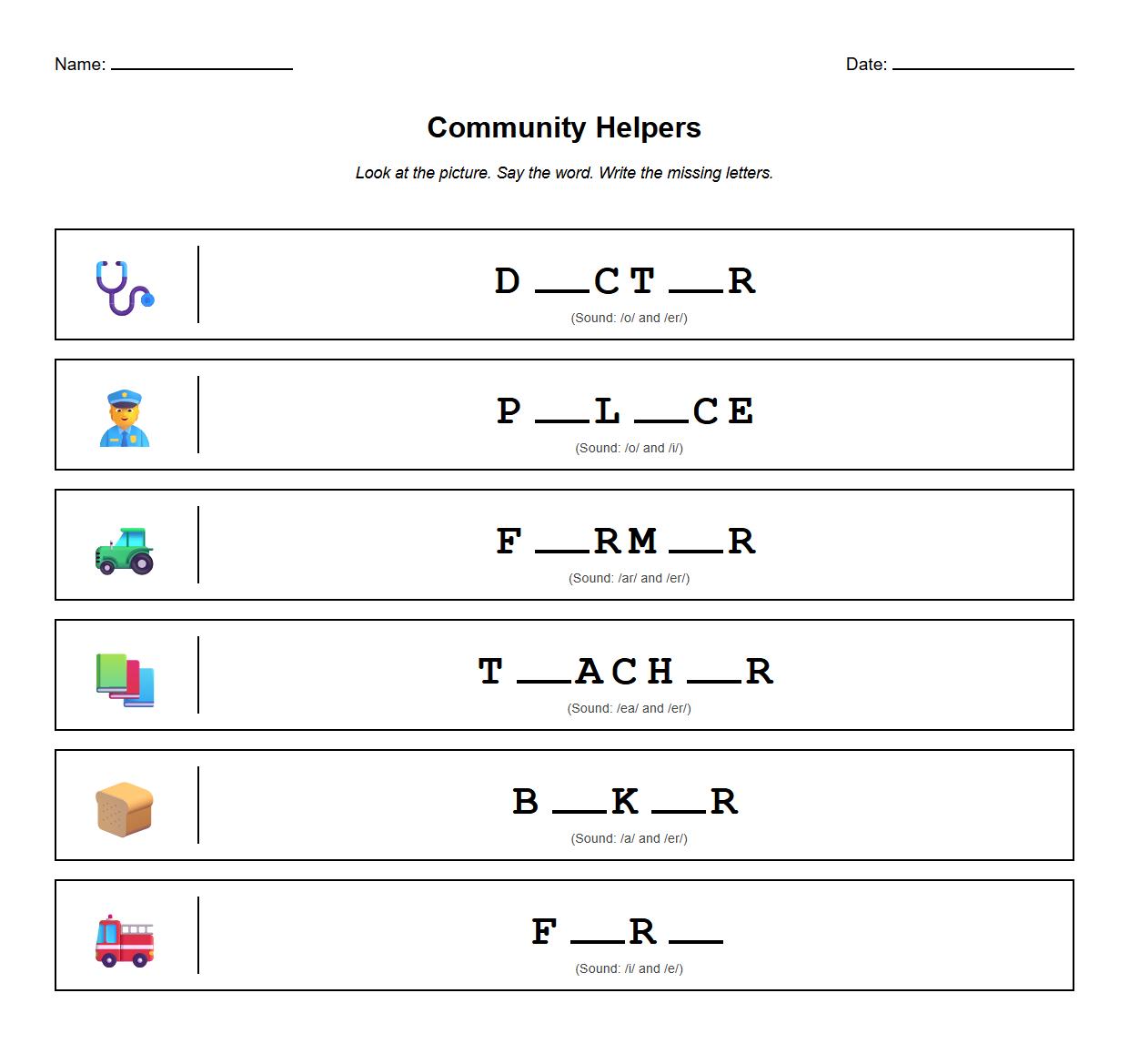 Fill Blanks for Occupations Using Phonics Cues