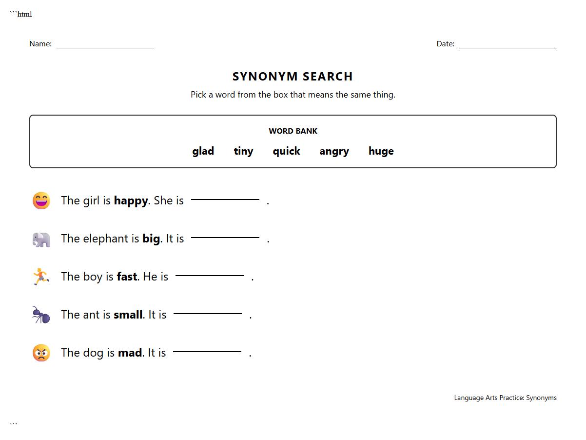 Fill in the Blanks with Synonym Words Worksheet