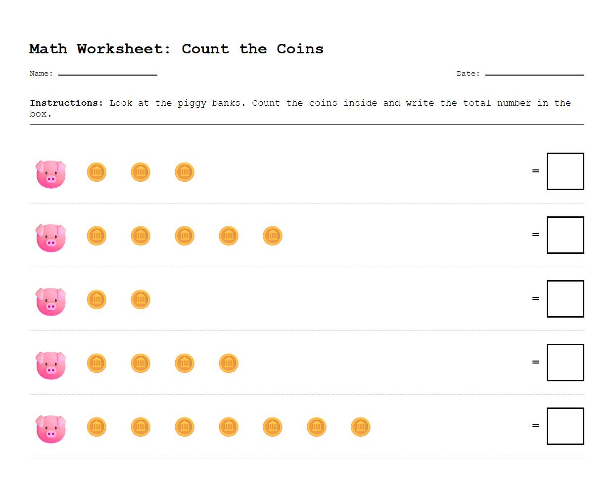 Fill the piggy bank worksheet using coin counting