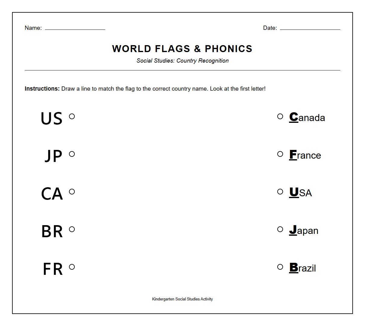 Flag Recognition and Country Matching Phonics Worksheet