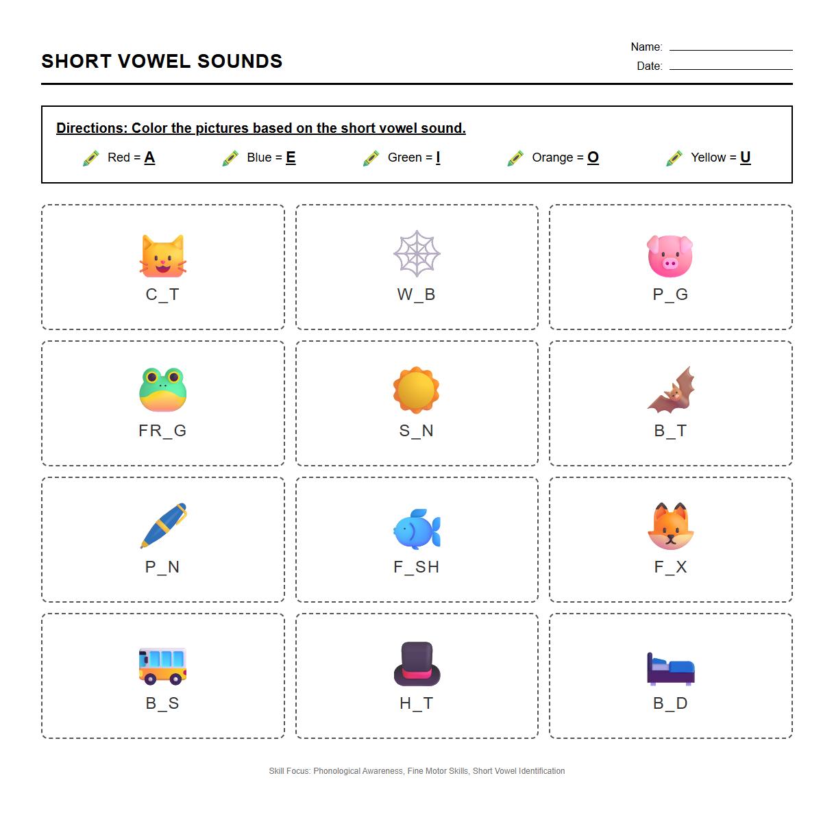 Following Directions: Short Vowel Phonics Color Code Activity