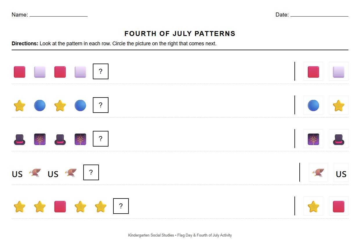 Fourth of July Flag Stripe and Star Pattern Identification Sheet