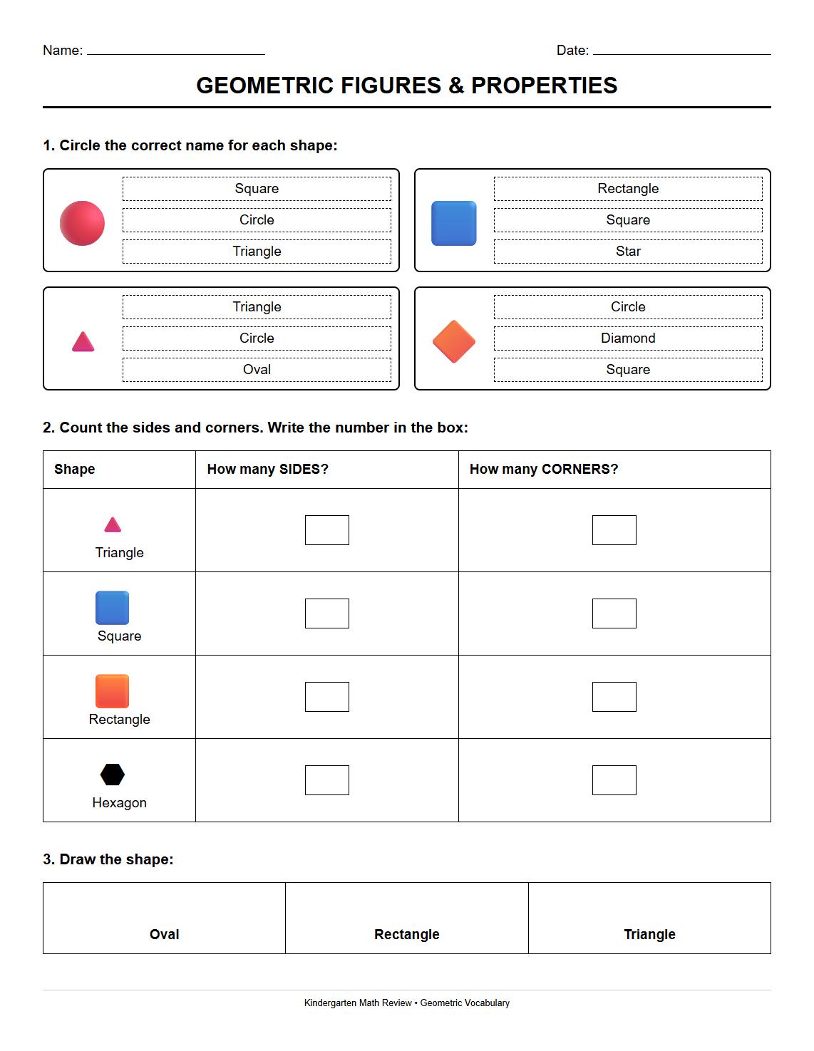 Geometric Figures and Properties Vocabulary Review Worksheet