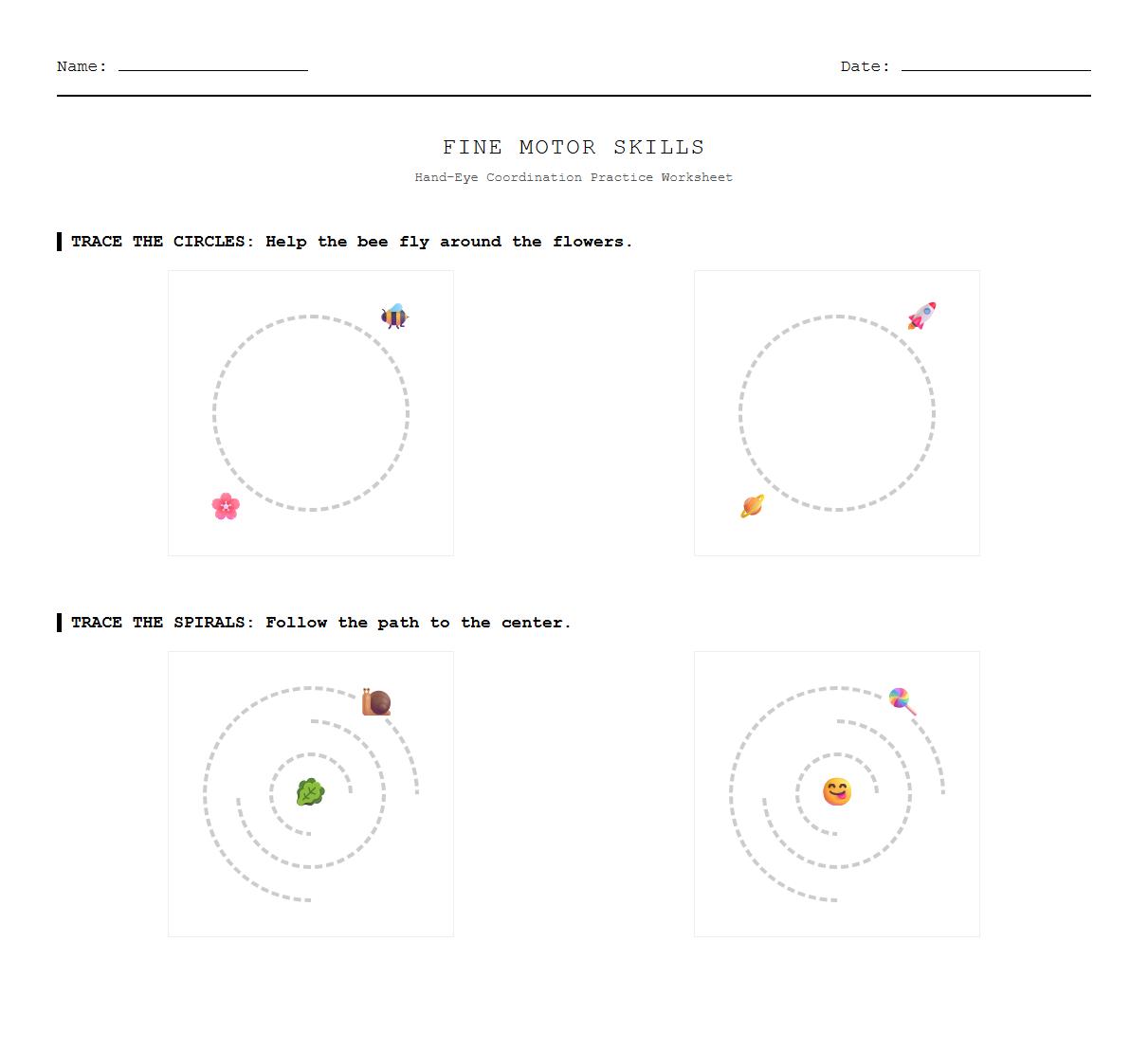 Hand Eye Coordination Worksheet using Circle and Spiral Tracing