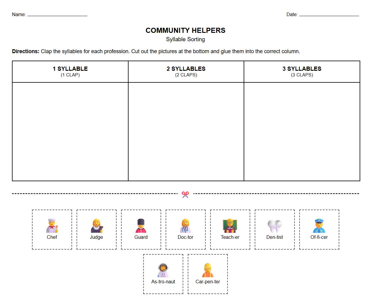 Helper Professions Syllable Sorting Worksheet