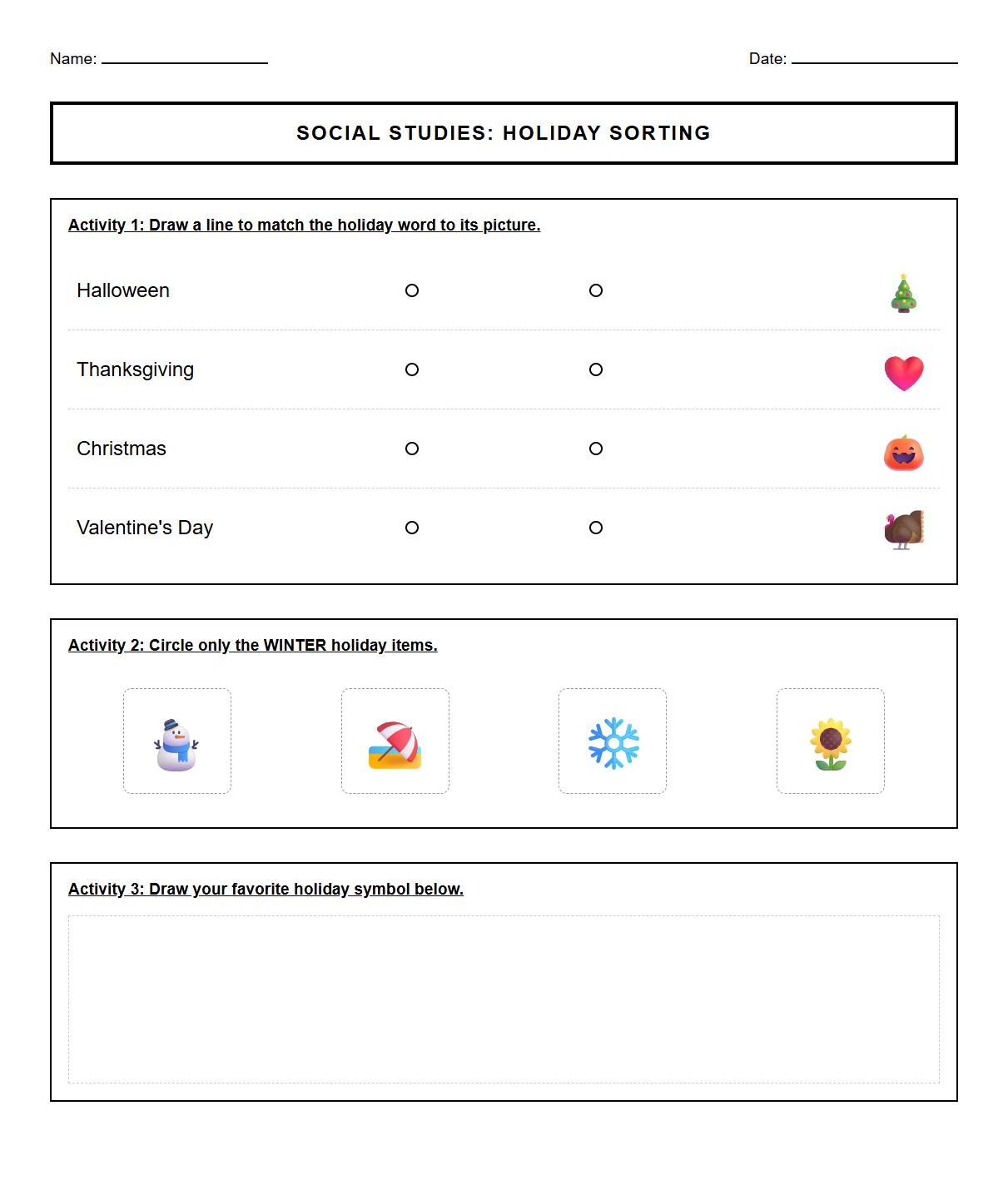Holiday Vocabulary Concept Sorting and Matching Worksheet