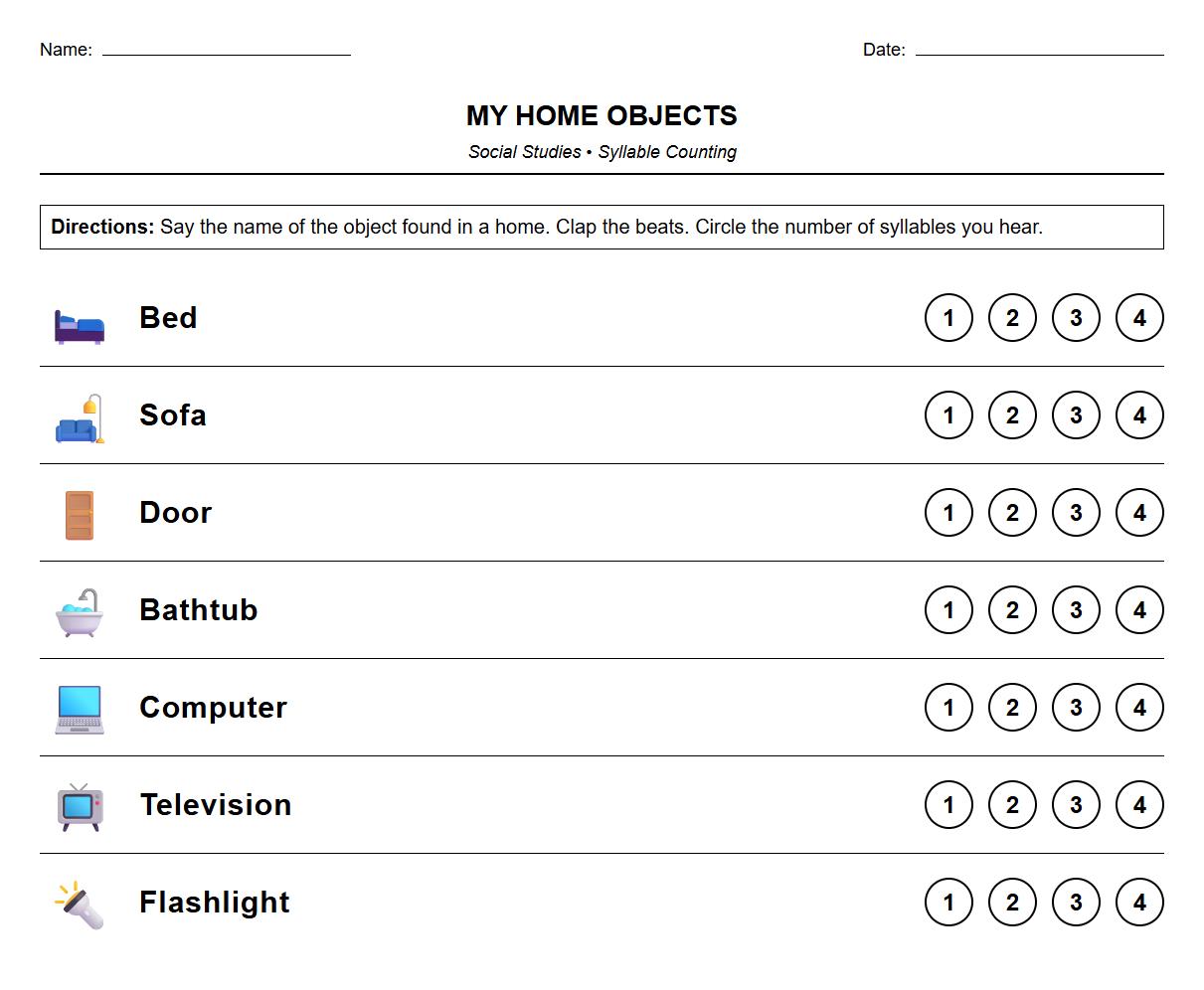 Home Object Syllable Counting Worksheet