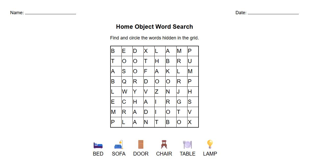 Home Object Word Search Worksheet