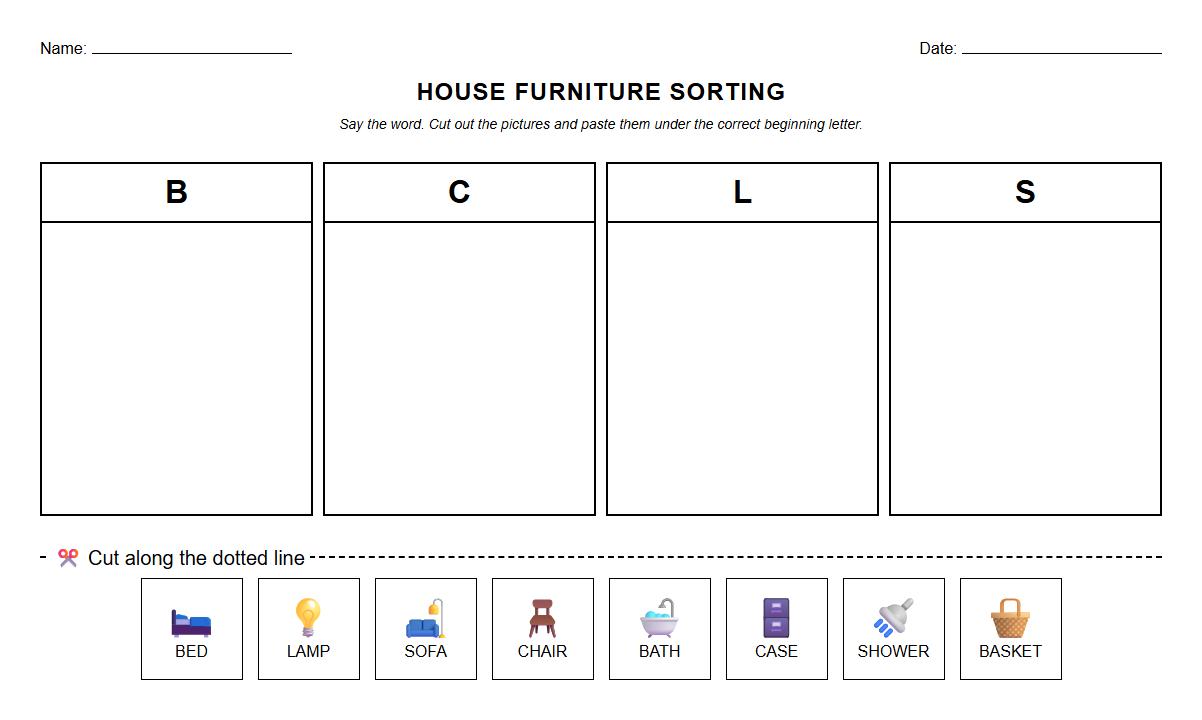 House Furniture Vocabulary Phonics Sorting by Beginning Letter