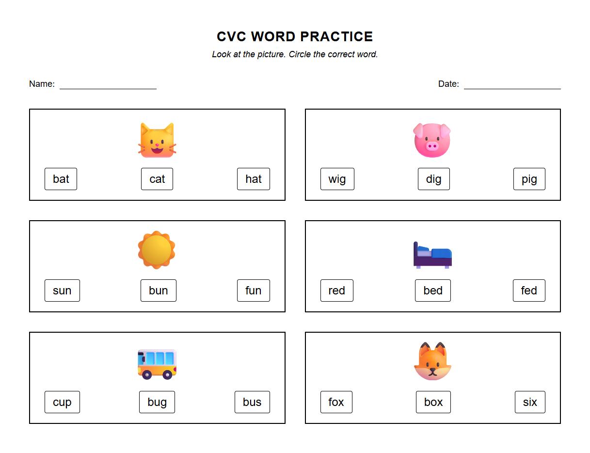 Identify the Correct CVC Word Phonics Drill