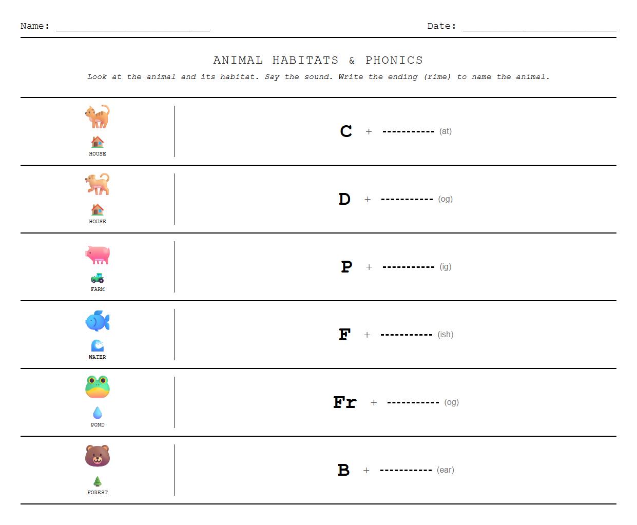 Identify and Write Animal Names by Habitat Using Onset and Rime