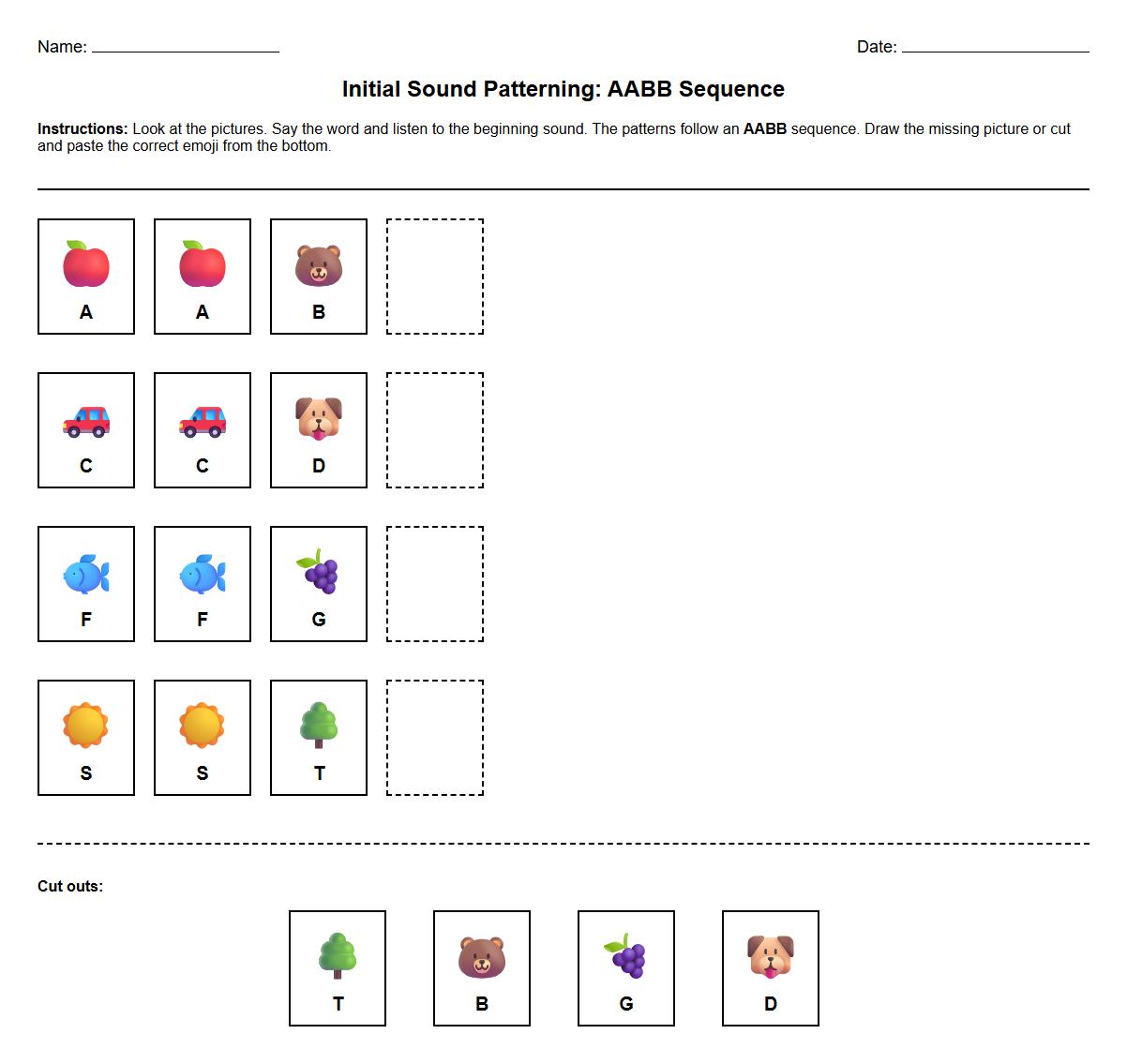 Initial Sound Patterning Worksheet AABB Sequence