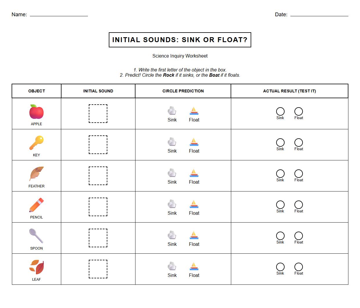 Initial Sounds Sorting Sink or Float Inquiry Worksheet