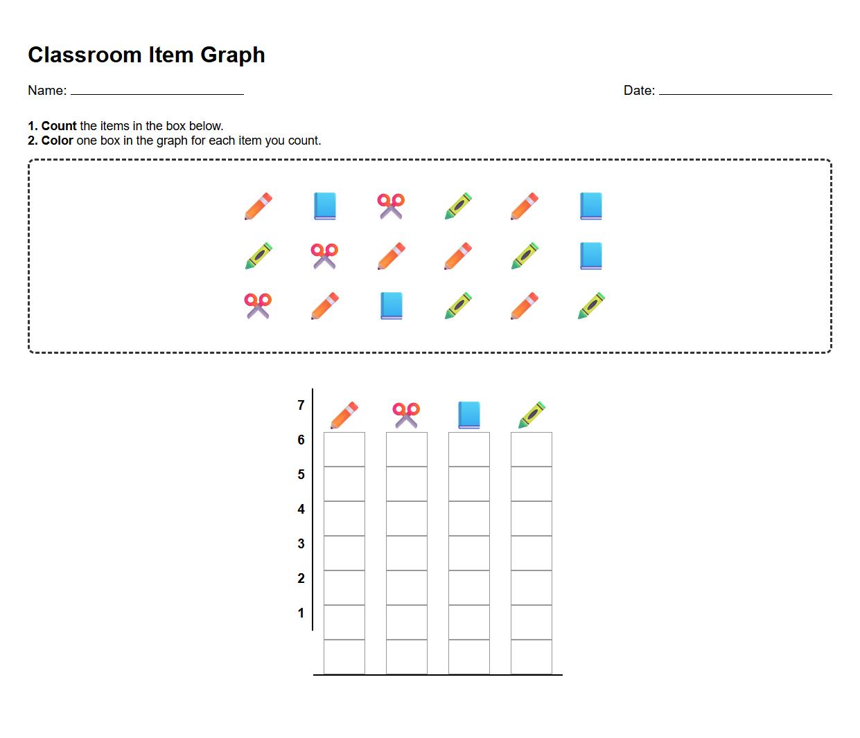 Interactive Bar Graph Worksheet for Sorting Classroom Items