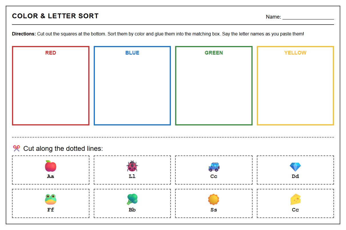 Interactive Color Sorting Worksheet with Uppercase and Lowercase Letters