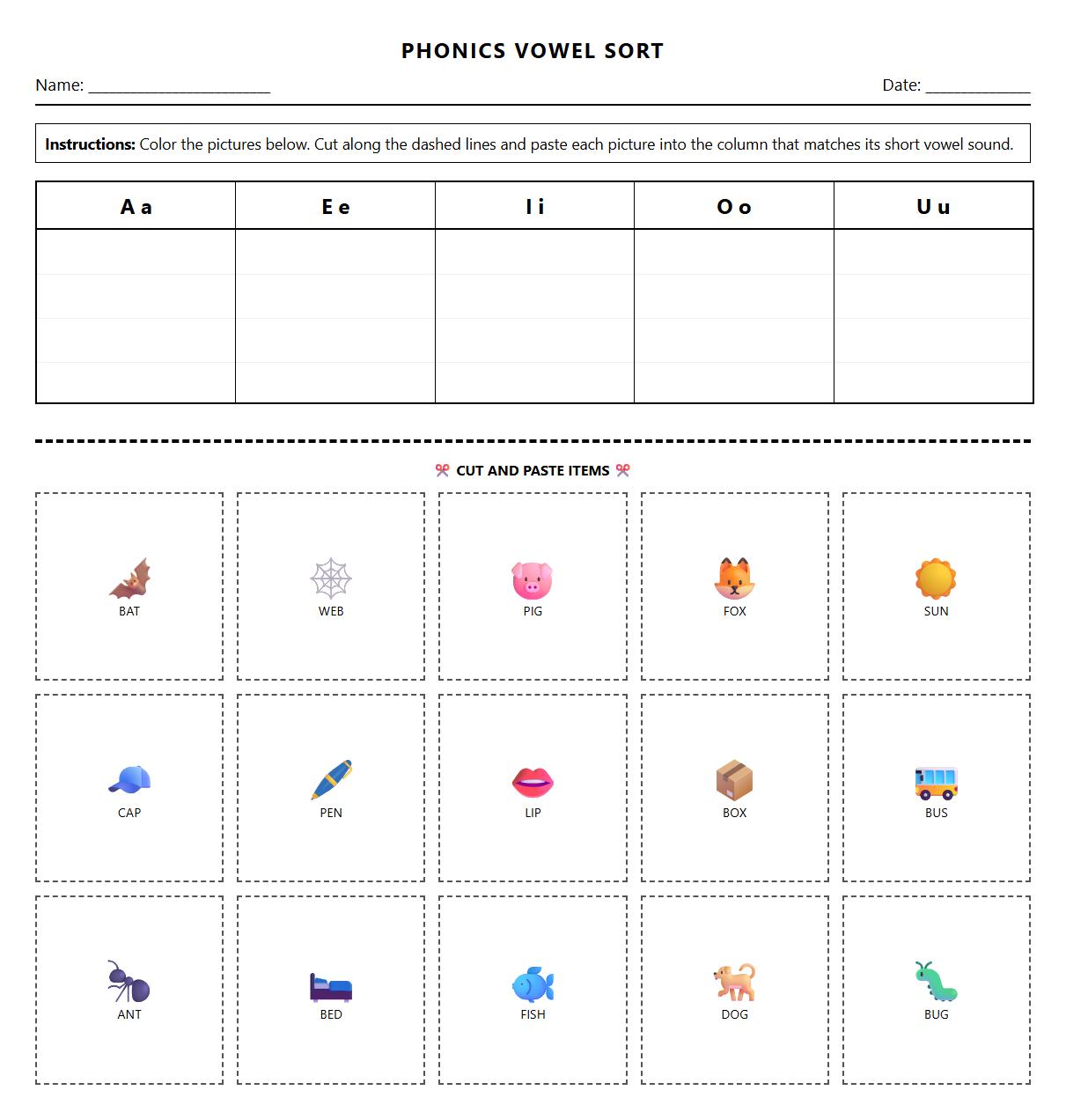 Interactive Phonics Color Sorting Worksheet for Vowel Sounds