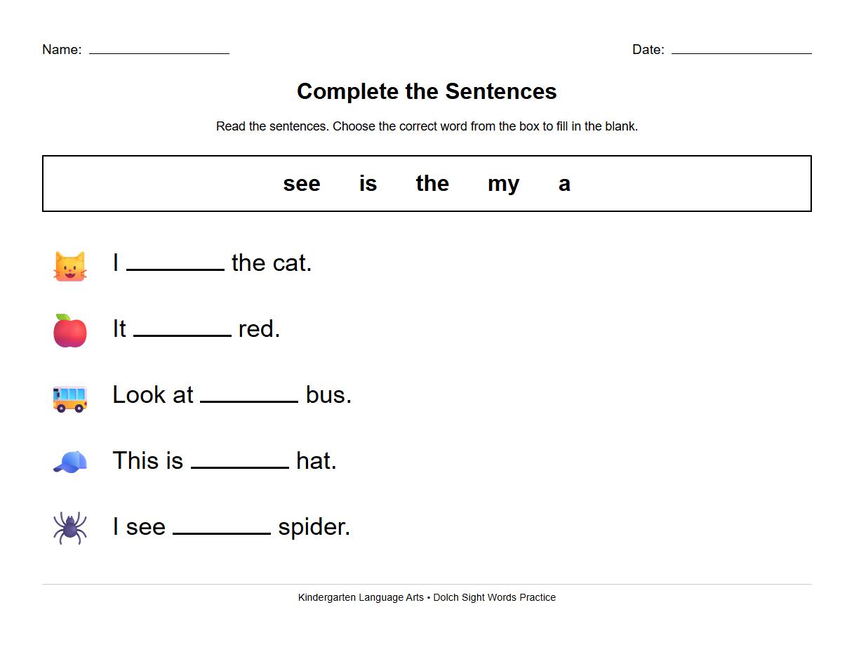 Kindergarten Dolch Words Contextual Sentence Worksheet