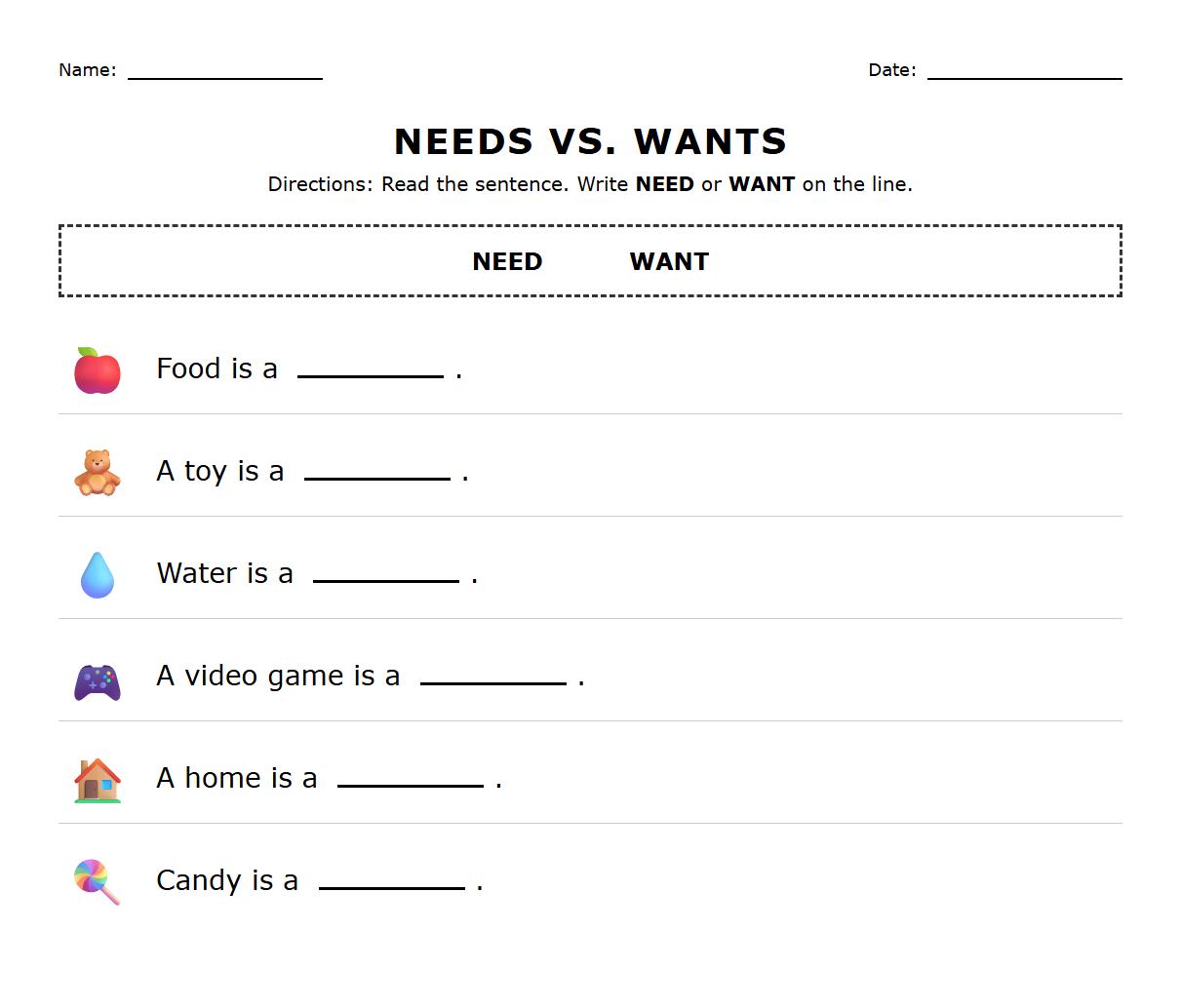 Kindergarten Needs vs Wants Fill in the Blank Worksheet