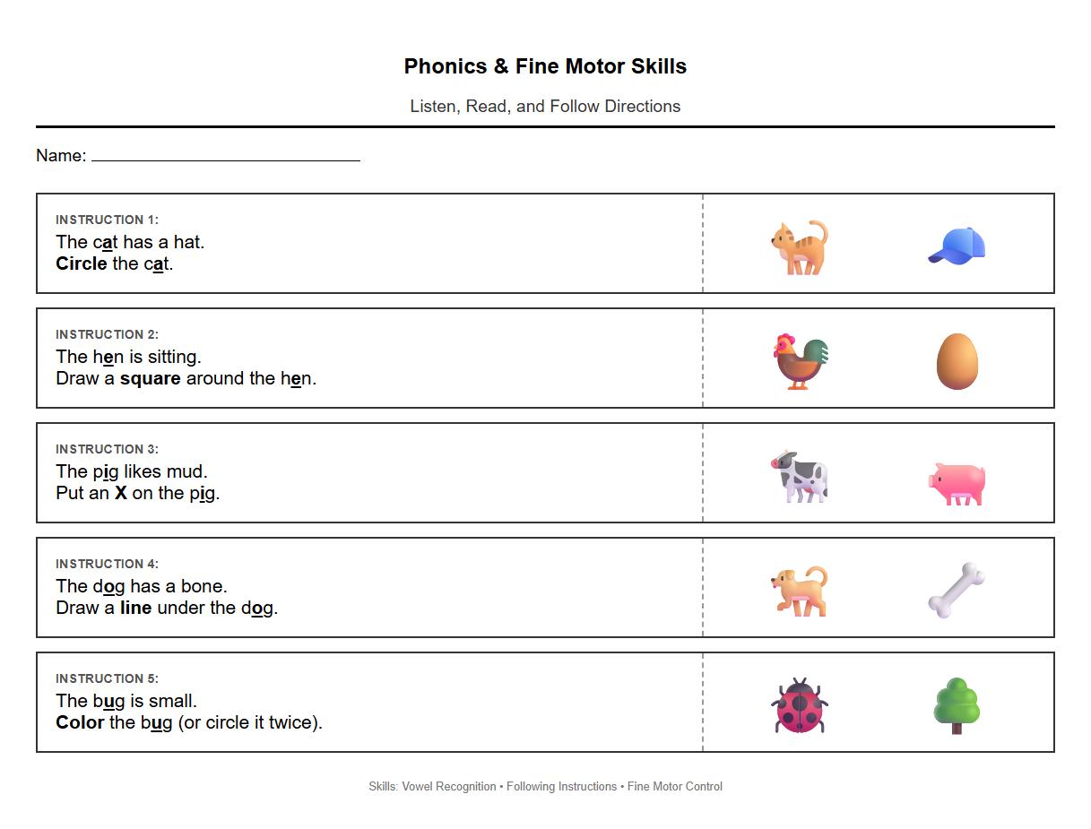 Kindergarten Phonics Worksheet for Following Simple Instructions with Vowel Sounds