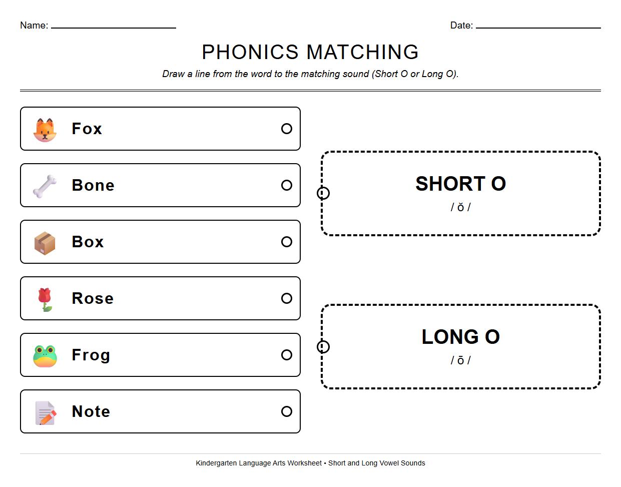 Kindergarten Phonics Worksheet for Matching Words with Short and Long O Sounds