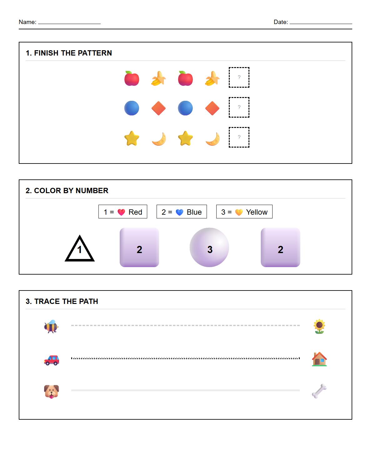 Kindergarten Sequencing Color by Number Shapes