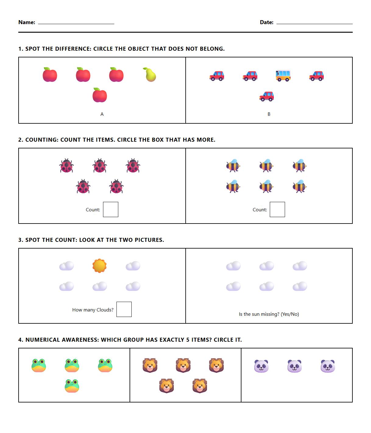 Kindergarten Spot the Difference Worksheet for Counting Skills and Numerical Awareness