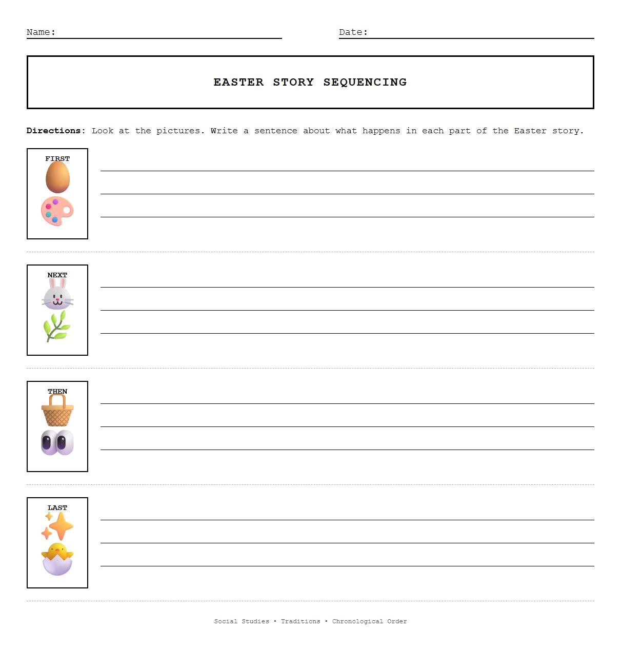 Kindergarten Writing Prompts Worksheet for Easter featuring story sequencing