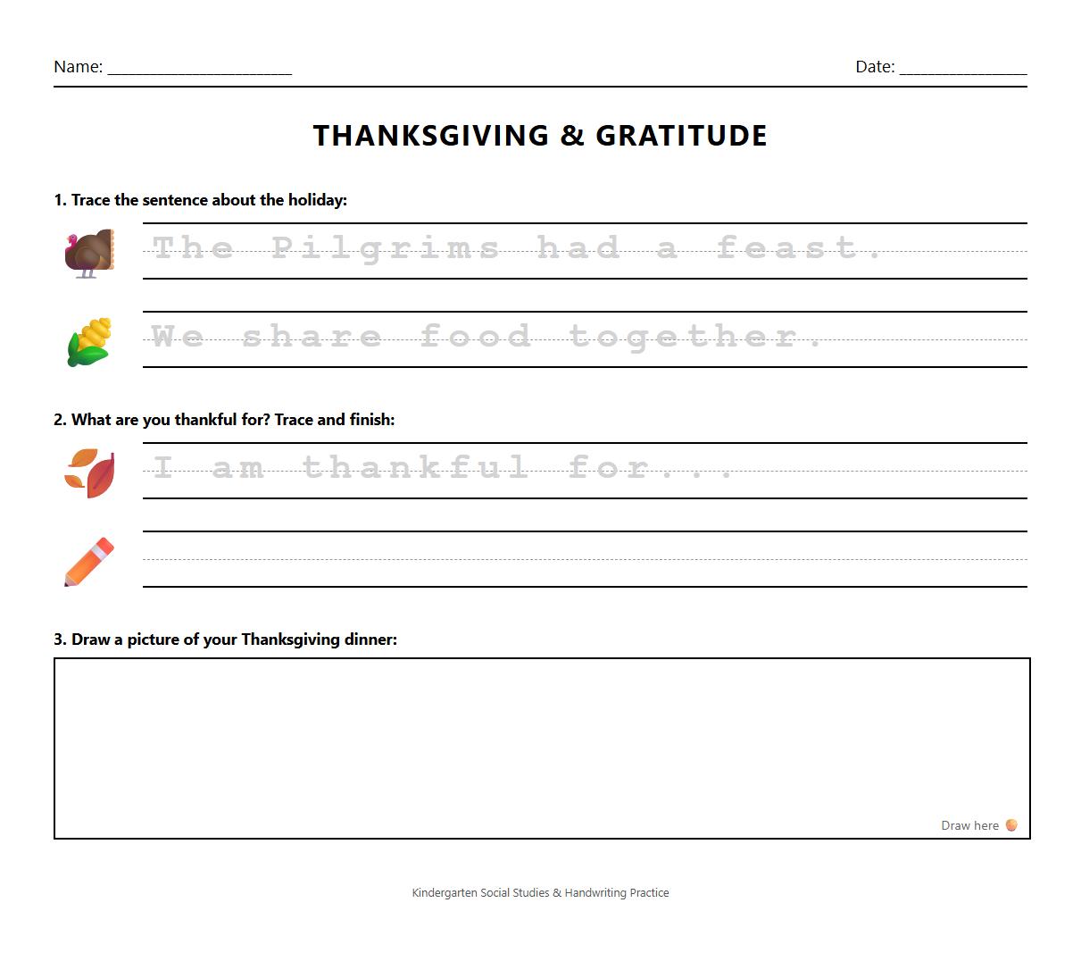 Kindergarten Writing Prompts Worksheet for Thanksgiving utilizing handwriting tracing