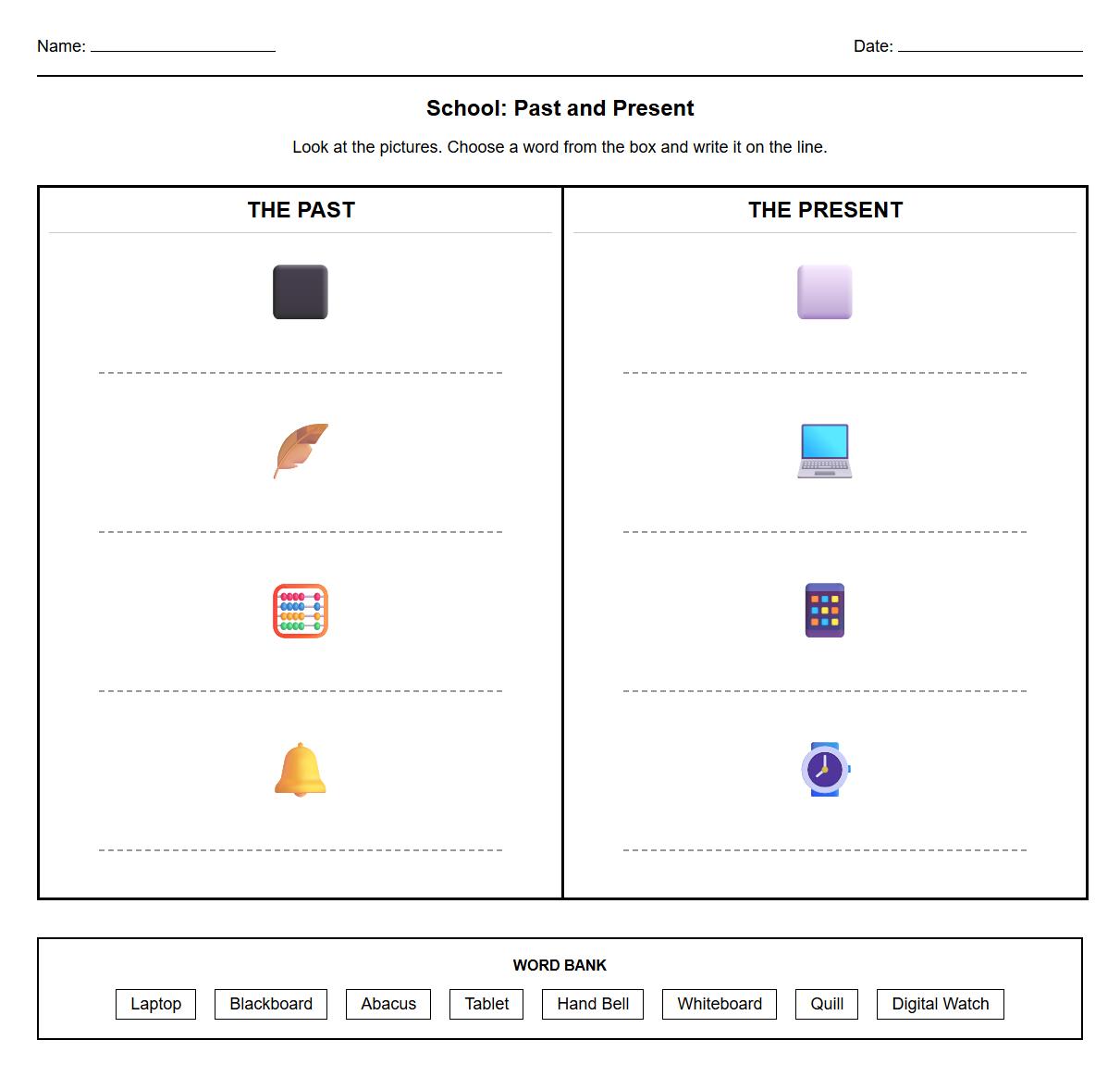 Labeling Worksheet for Differences in School Life Past and Present
