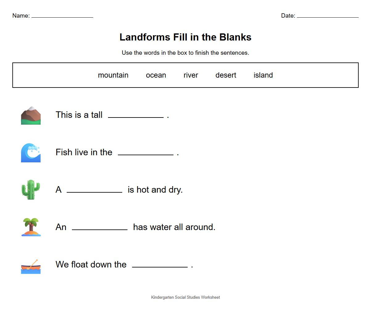 Landforms Fill in the Blanks Worksheet with Sight Words
