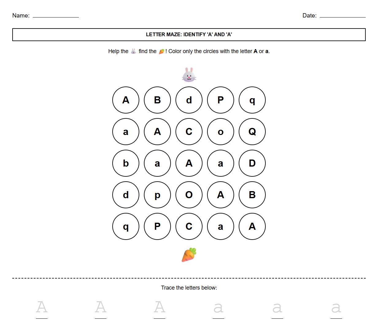 Letter Identification Maze with Handwriting Path