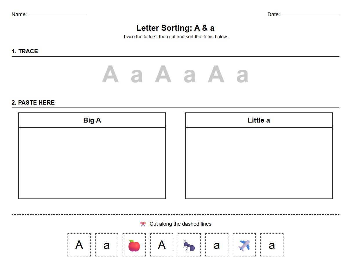 Letter Sorting Trace and Cut Worksheet for Alphabet Mastery