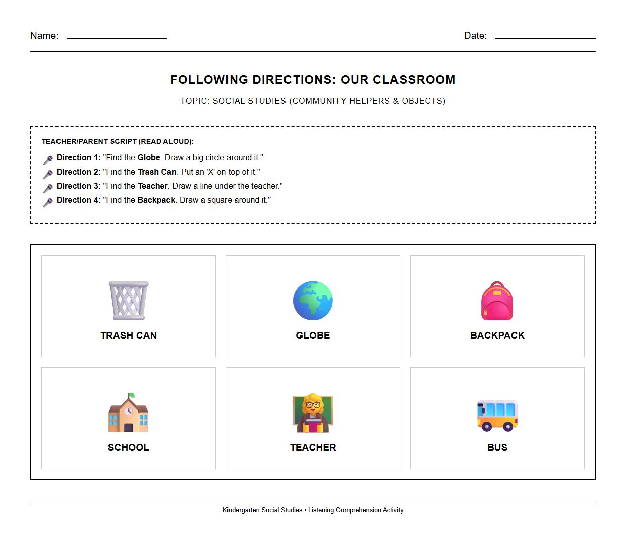 Listening Comprehension Worksheet for Following Oral Room Directions
