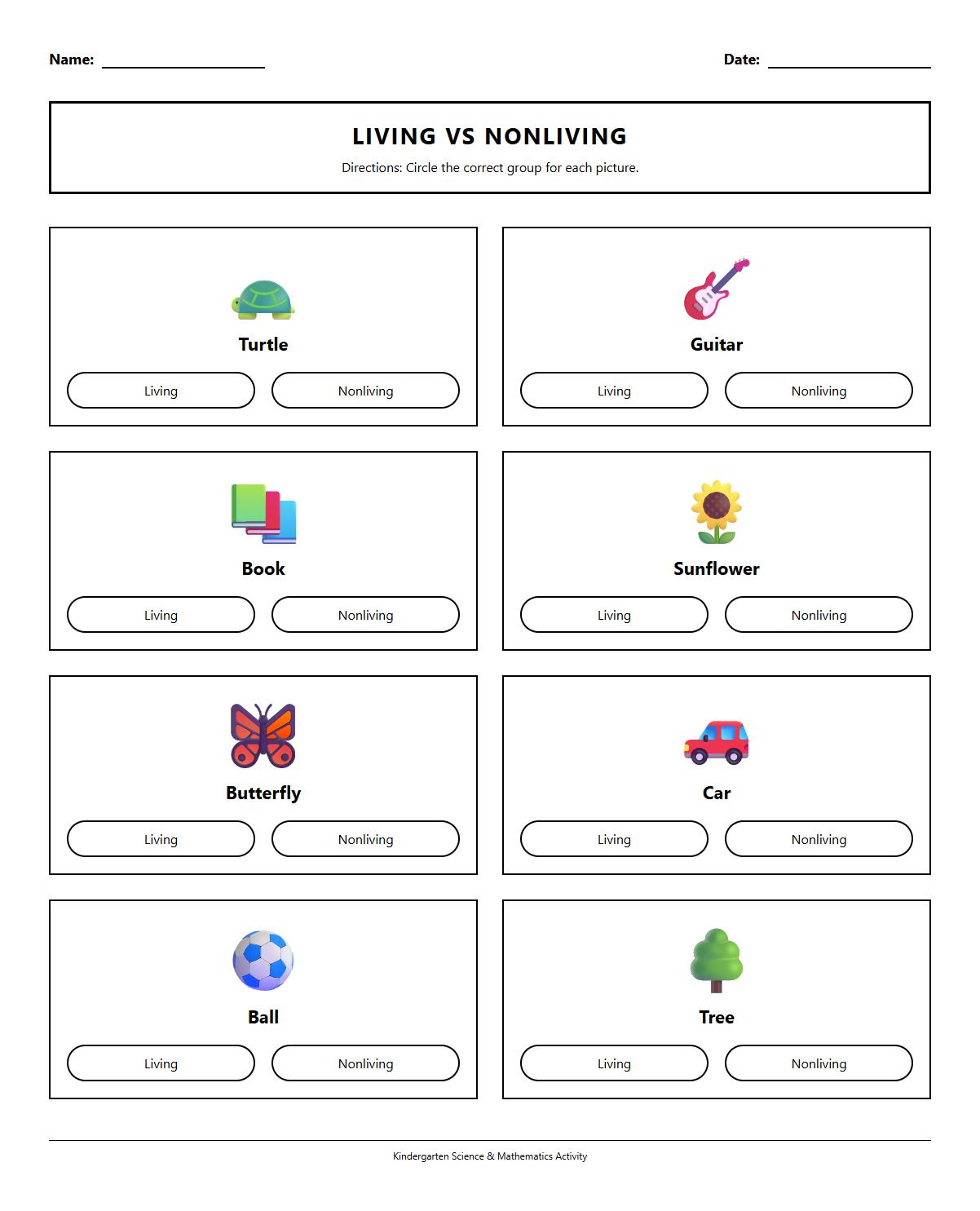 Living vs Nonliving Classification Worksheet