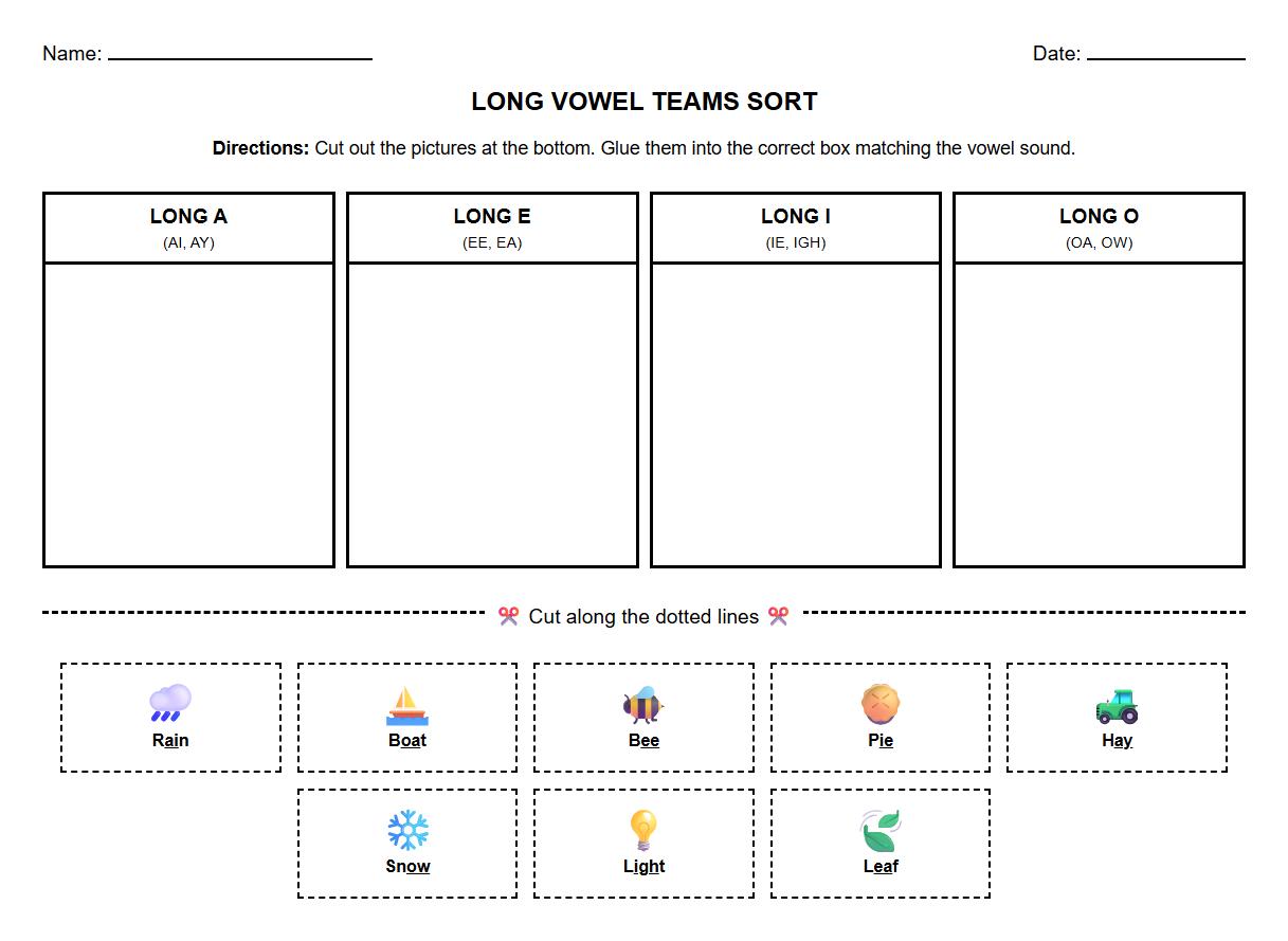 Long vowel sound sorting activity using vowel teams