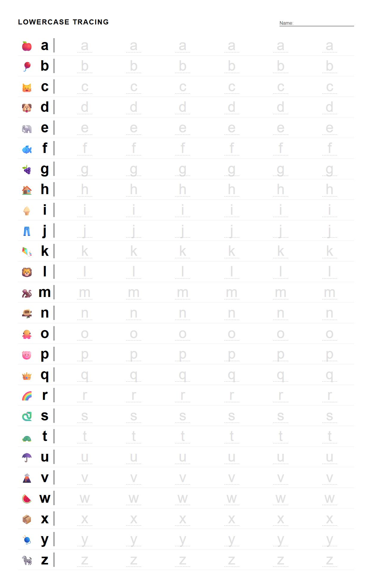 Lowercase Alphabet Letter Tracing with Visual Cues Worksheet