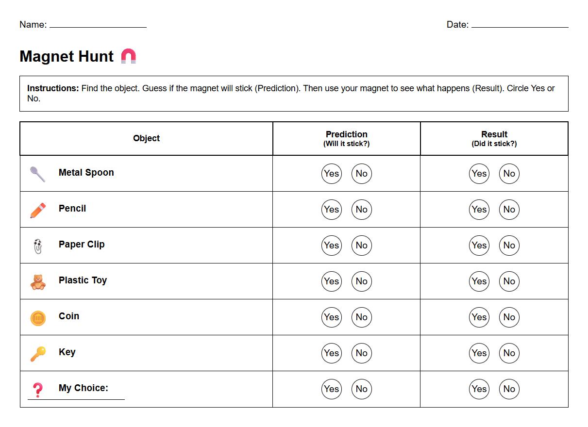 Magnet hunting worksheet with recording table for observed items