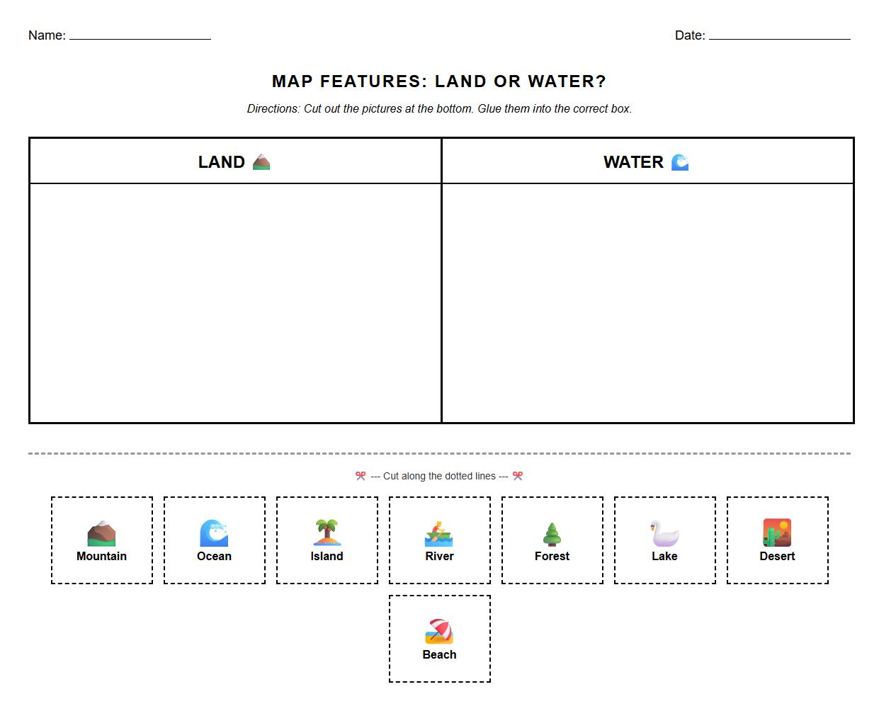Map Feature Sorting Vocabulary Worksheet