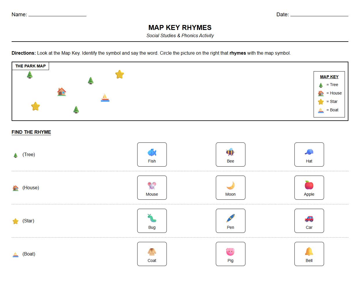 Map Key Phonics Rhyming Symbol Activity