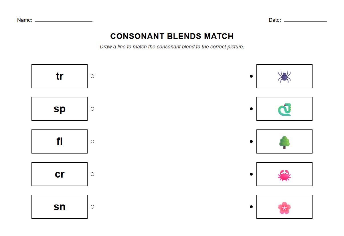 Match Consonant Blends to Correct Images Worksheet