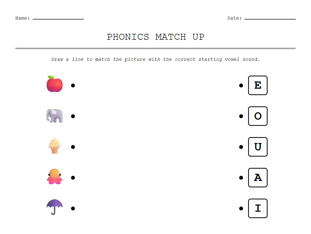 Match the Picture with the Vowel Sound Phonics Exercise