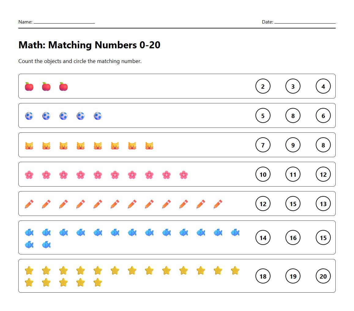 Matching numbers 0 to 20 with pictured phonics objects