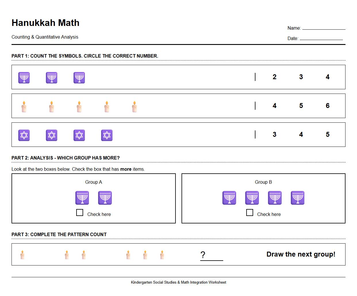 Math Counting Worksheet with Hanukkah Menorah Symbols integrating Quantitative Analysis