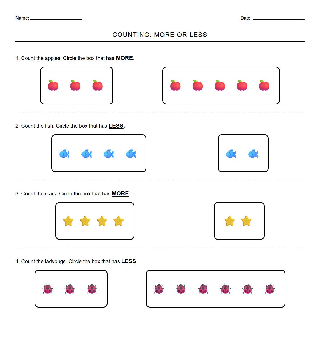 Math Phonics Worksheet Counting and Circling More or Less