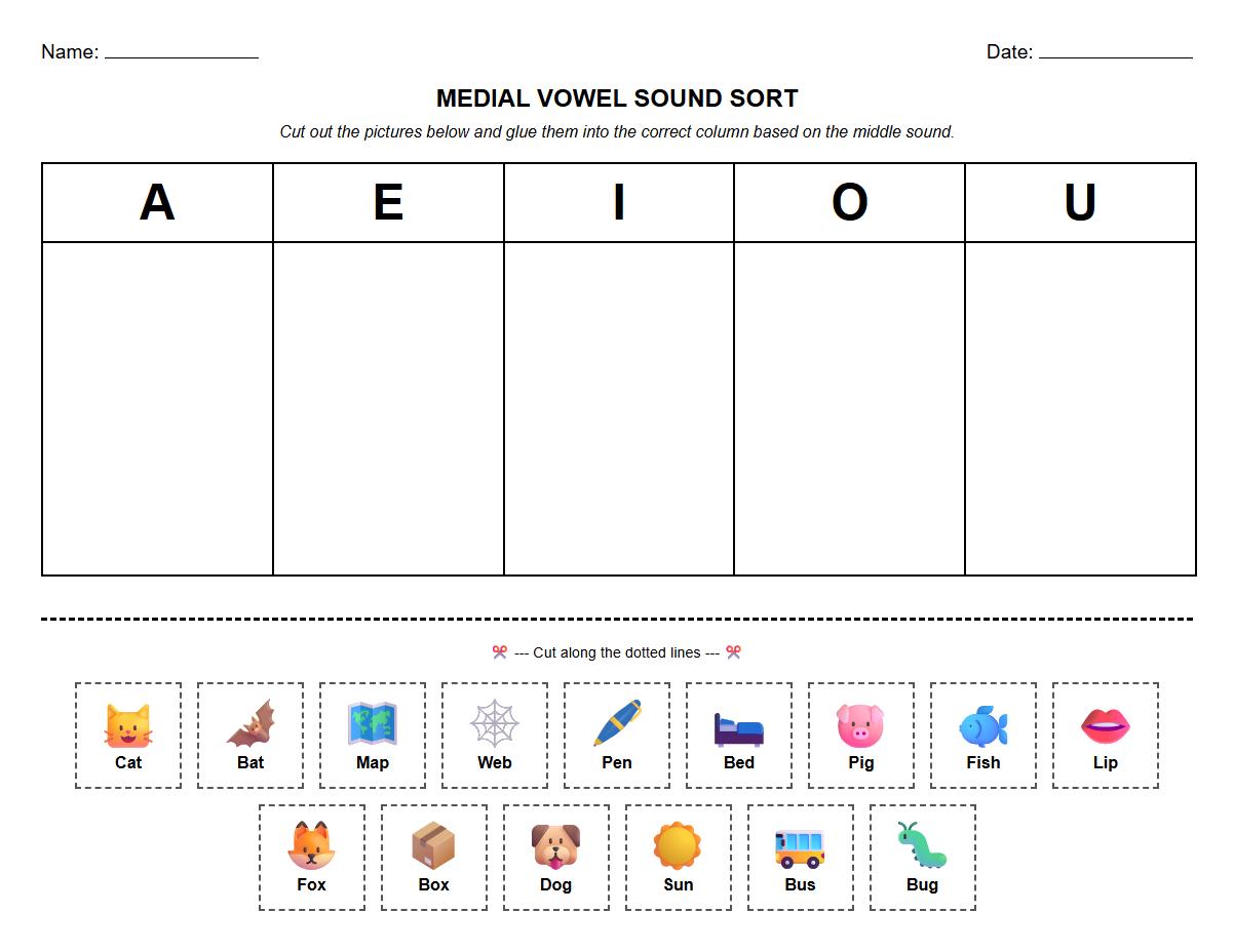Medial Vowel Sound Sorting Phonics Practice