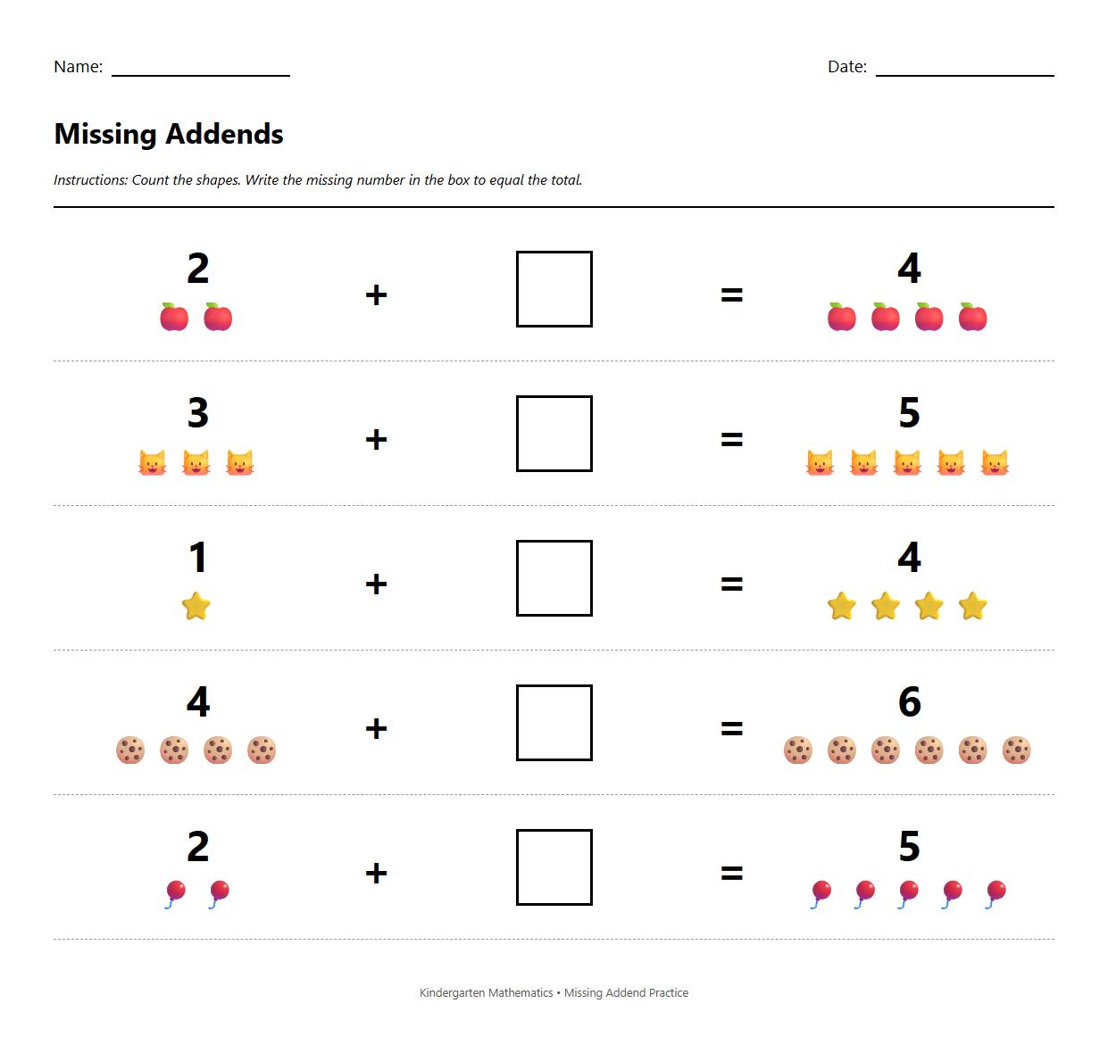 Missing Addend with Emoji Visual Supports Worksheet