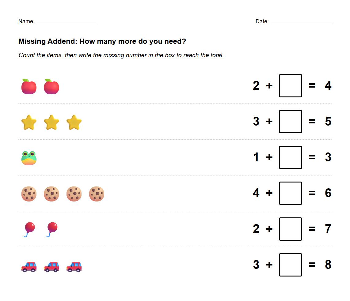 Missing Addend Problem Solving Worksheet for Kindergarten Addition