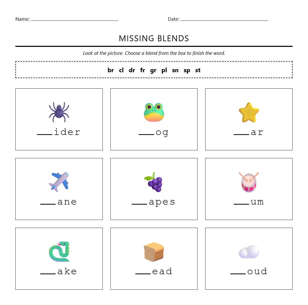 Missing Consonant Blend Fill in the Blank