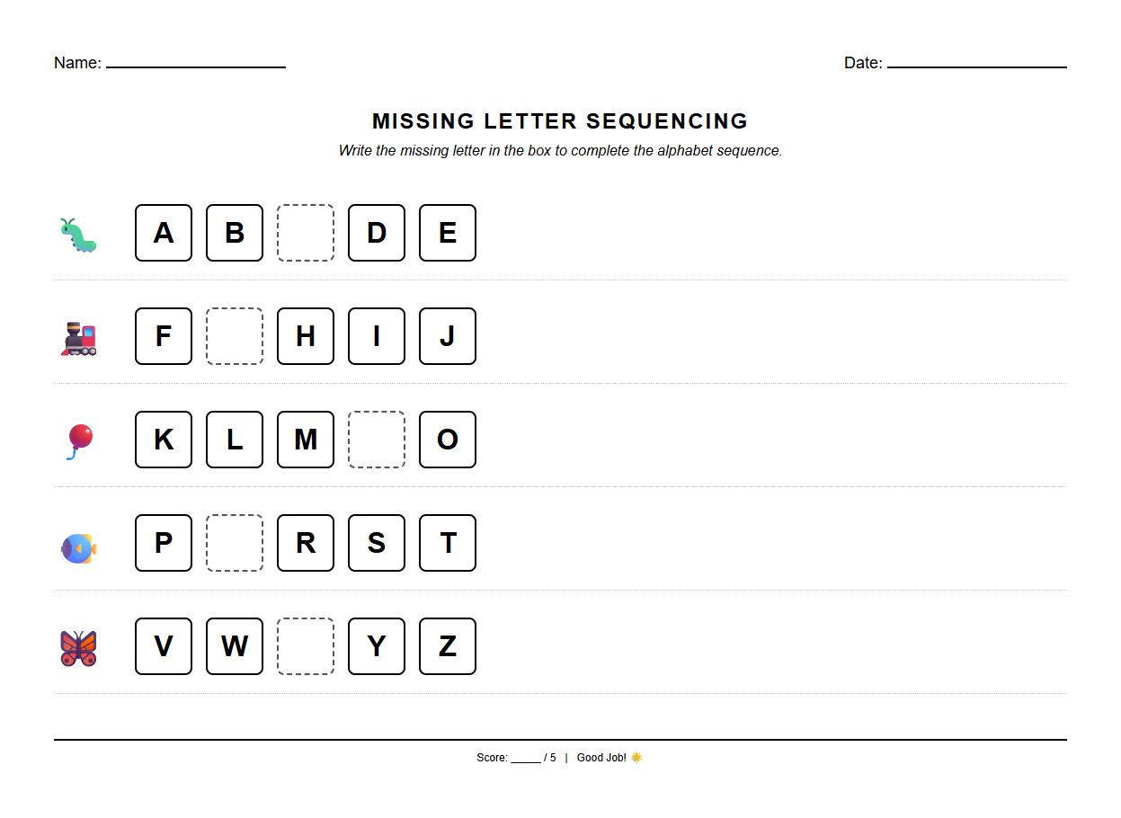 Missing Letter Sequencing Practice Sheet