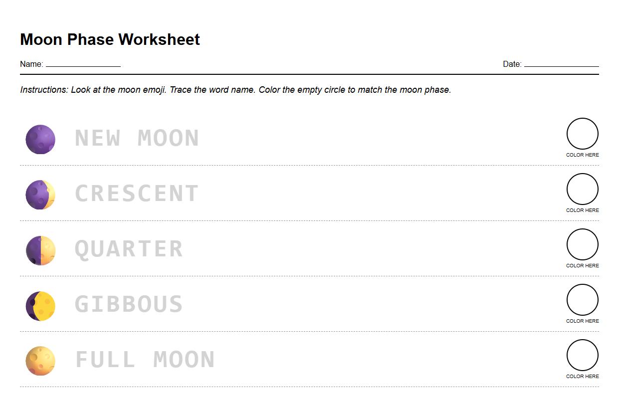 Moon Phase Tracing and Coloring Worksheet